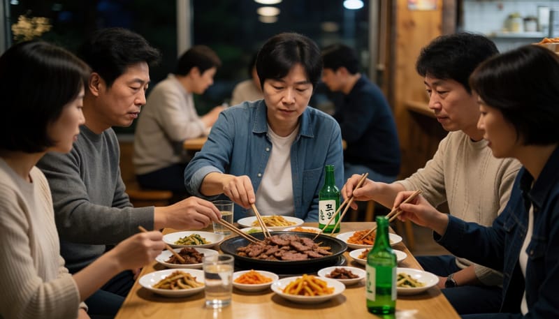 한국식 술집에서 채소 반찬과 구이 요리를 곁들여 식사하는 사람들 모습