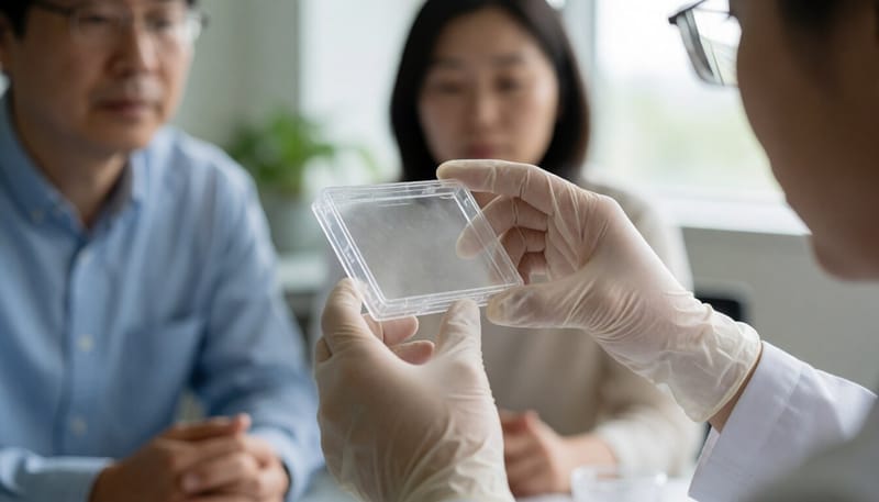 세포 배양 접시를 살펴보는 연구자의 손