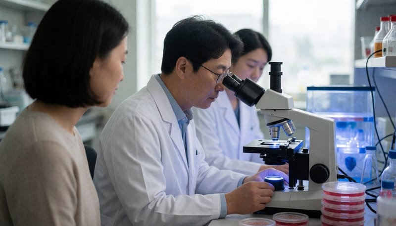 실험실에서 세포 배양 접시를 현미경으로 살펴보는 연구자