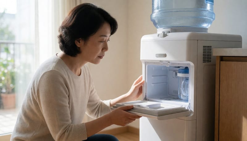 정수기 얼음 저장통 내부를 살펴보는 여성