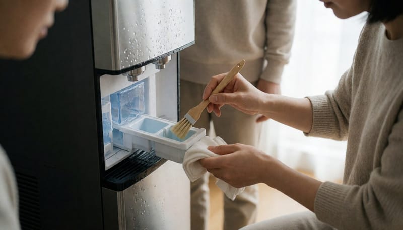 정수기 얼음 저장통을 세척하는 손