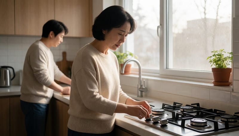 가스레인지 손잡이를 반복해서 확인하는 여성의 모습