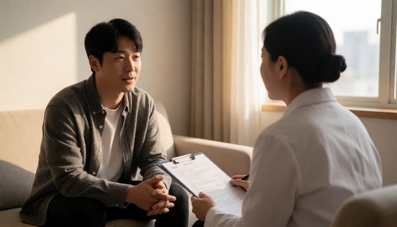정신건강의학과에서 상담을 받고 있는 남성의 모습