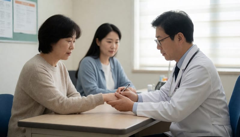 병원에서 손목 검사를 받는 환자와 의료진