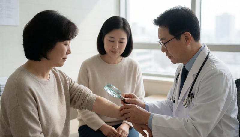 피부과 진료실에서 의사가 환자 피부를 진찰하는 모습