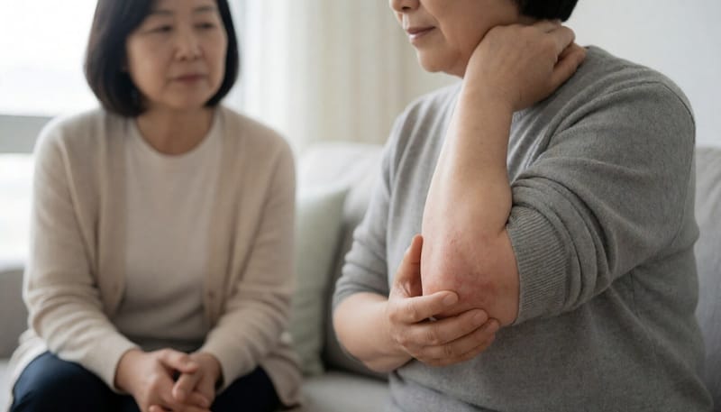 팔꿈치 피부에 두꺼운 각질과 붉은 반점이 있는 모습 클로즈업