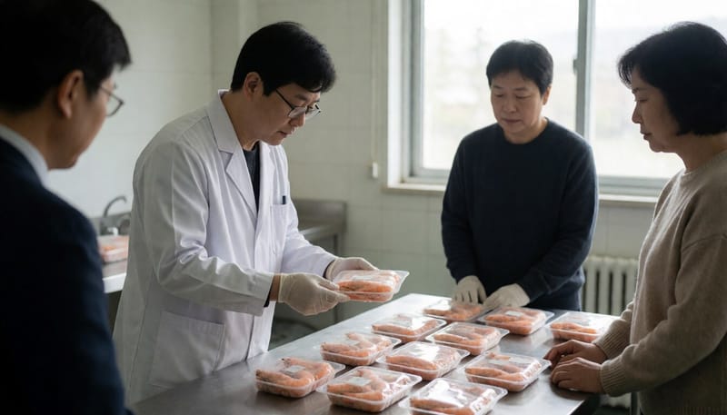 냉동새우 제품을 검사하는 식품안전 검사관의 모습