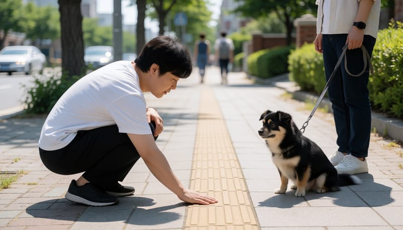 산책 전 손등으로 바닥 온도를 확인하는 보호자