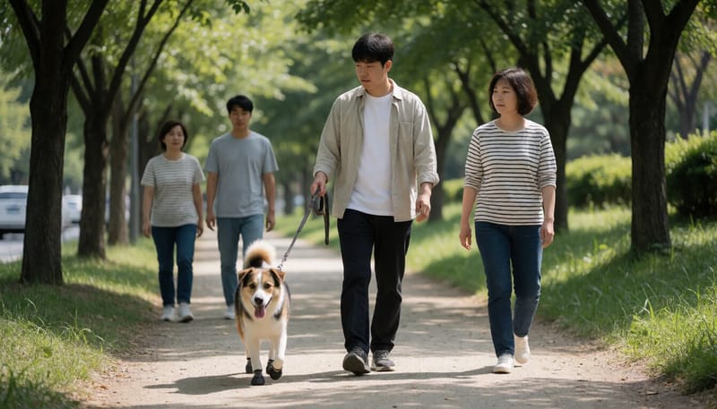 그늘진 산책로에서 신발을 신고 걷는 강아지