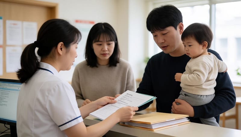 주민센터 창구에서 서류를 안내받는 한부모 가정