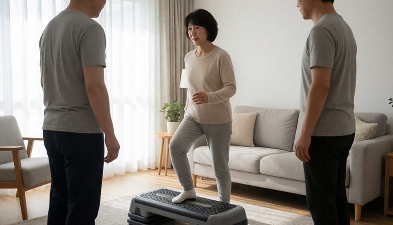 거실에서 스텝박스를 오르내리며 운동하는 여성