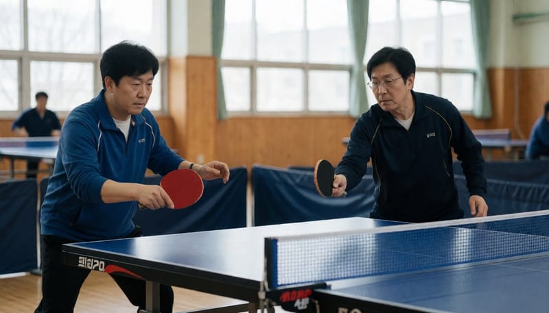 실내 체육관에서 탁구를 즐기는 두 사람의 모습