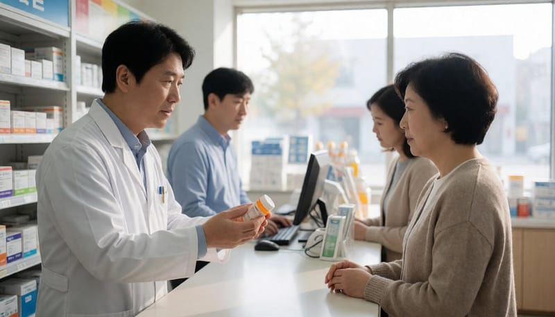 약사가 환자에게 약 복용법을 설명하는 모습