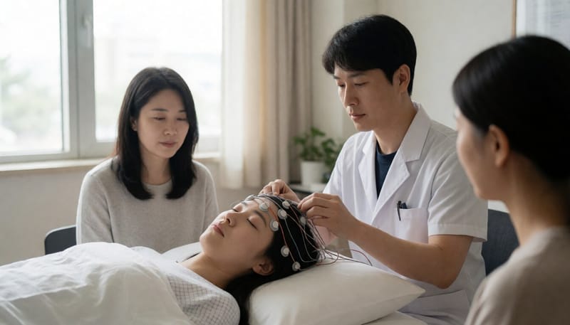 수면다원검사에서 뇌파를 측정하는 모습