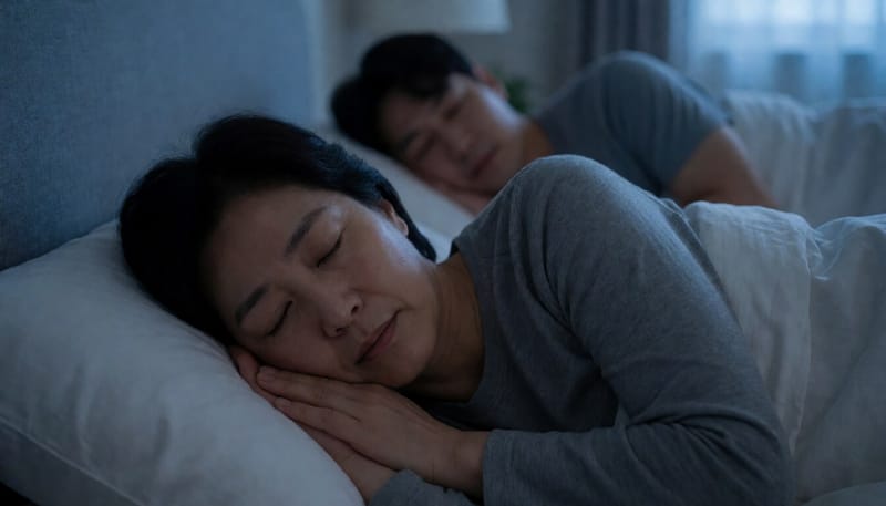 어두운 침실에서 잠든 한국인 성인의 모습