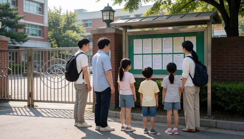 학교 정문 앞에서 안내판을 보는 학부모와 아이들