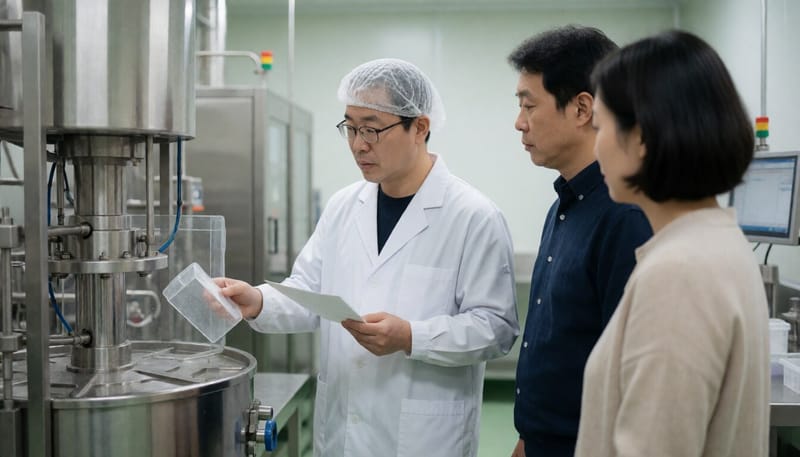 제약공장에서 제조설비를 점검하는 연구원의 모습