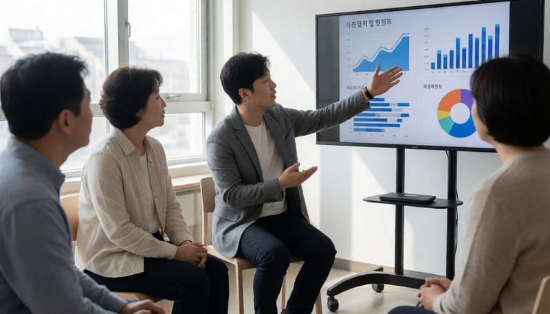 강사가 보건의료 데이터를 설명하는 교육 현장