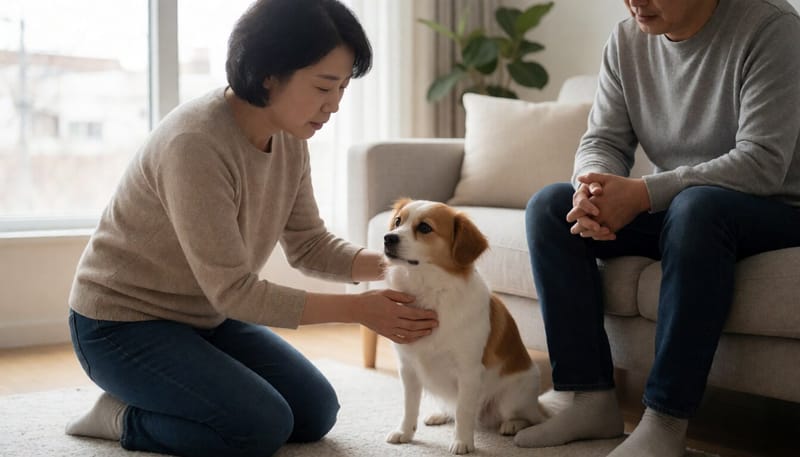 거실 바닥에서 헥헥거리는 반려견을 살펴보는 보호자