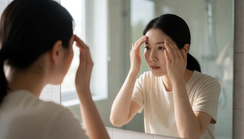 거울을 보며 이마를 살펴보는 여성의 모습