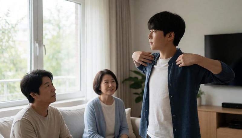 가슴과 어깨를 스트레칭하는 남자 청소년