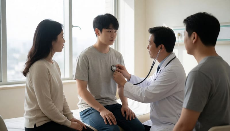 병원에서 가슴 상태를 진찰받는 남성 환자의 모습