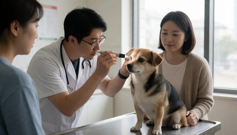 수의사가 강아지의 눈을 펜라이트로 살펴보는 모습