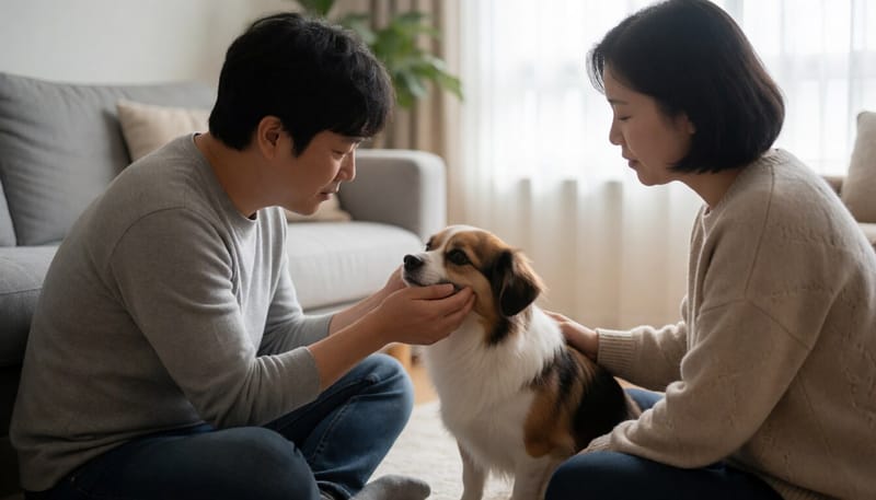 보호자가 반려견의 눈을 가까이서 살펴보는 모습