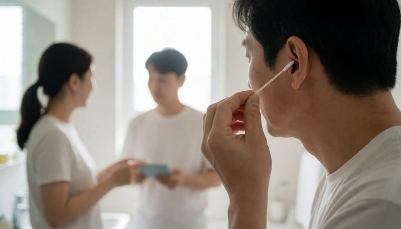면봉을 귀에 가까이 대고 있는 손 클로즈업