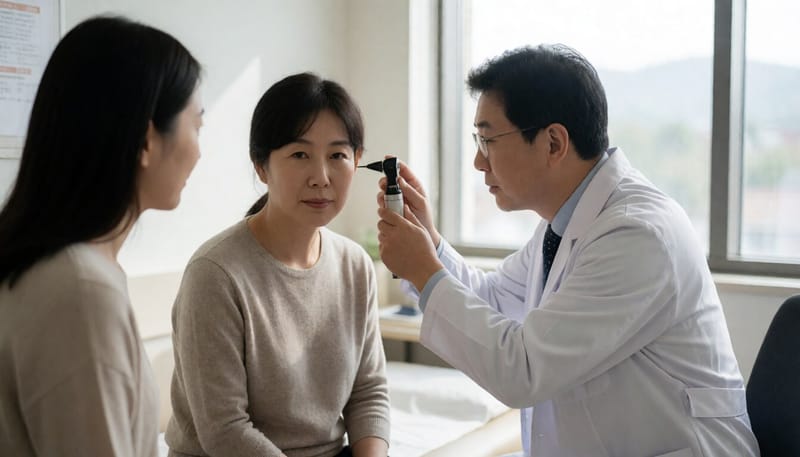 이비인후과에서 귀 검진을 받는 환자의 모습