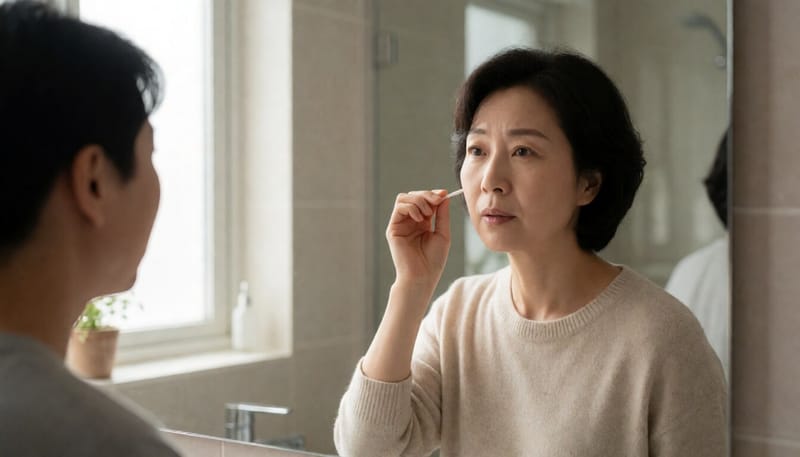 면봉을 들고 귀 앞에서 고민하는 여성의 모습