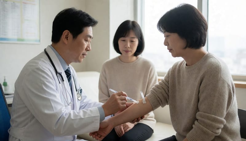 의료진이 환자의 팔에서 혈액을 채취해 결핵 감염 여부 검사를 준비하는 모습