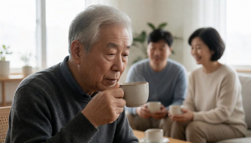 커피 향을 맡아보려 애쓰는 어르신의 모습