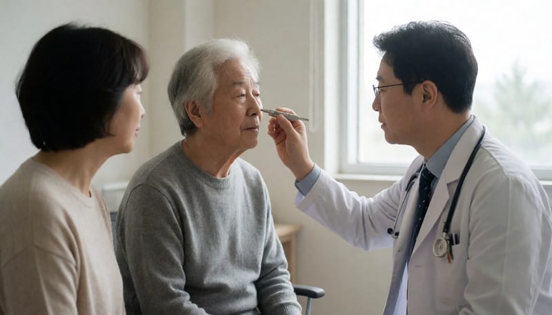 이비인후과에서 후각 검사를 받는 어르신