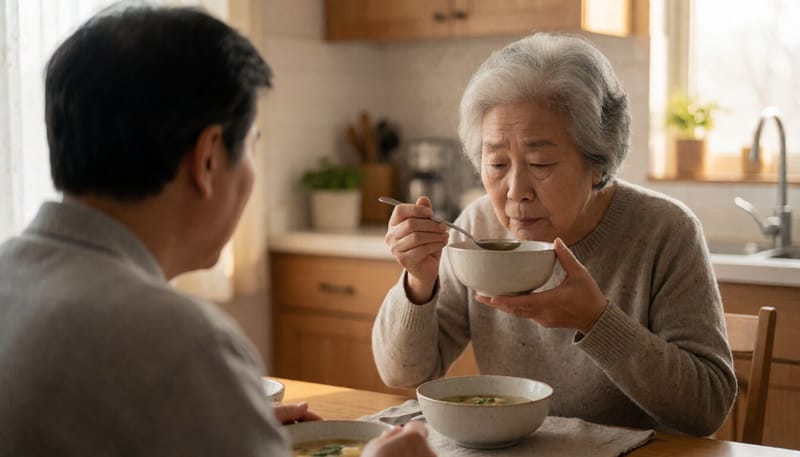 음식 냄새를 맡으며 갸우뚱하는 어르신의 모습