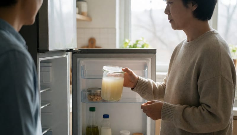 미숫가루 음료를 밀폐 용기에 담아 냉장 보관하는 모습