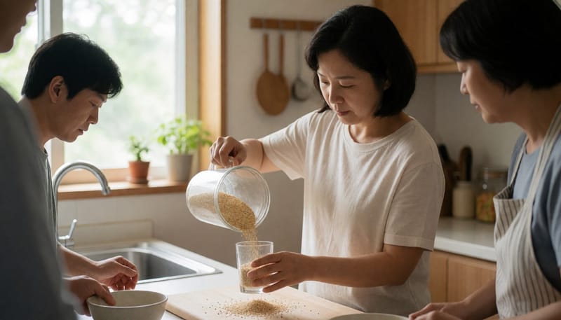 여름철 부엌에서 미숫가루를 물에 타고 있는 모습