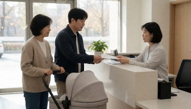 주민센터에서 서류를 제출하는 부부의 모습