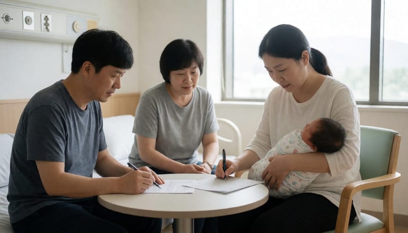 산후조리원에서 신생아와 함께 있는 산모의 모습