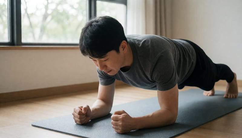 집에서 매트를 깔고 플랭크 자세를 유지하는 남성