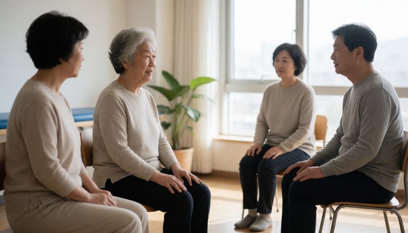 의자에 앉아 다리를 편 채 근육에 힘을 주는 고령 여성