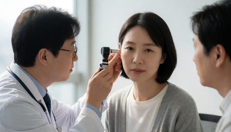 이비인후과에서 이경으로 귀 상태를 검사하는 모습
