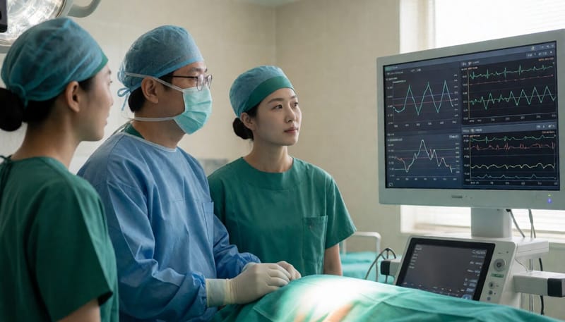 수술실에서 의료진이 환자 데이터를 확인하는 모습