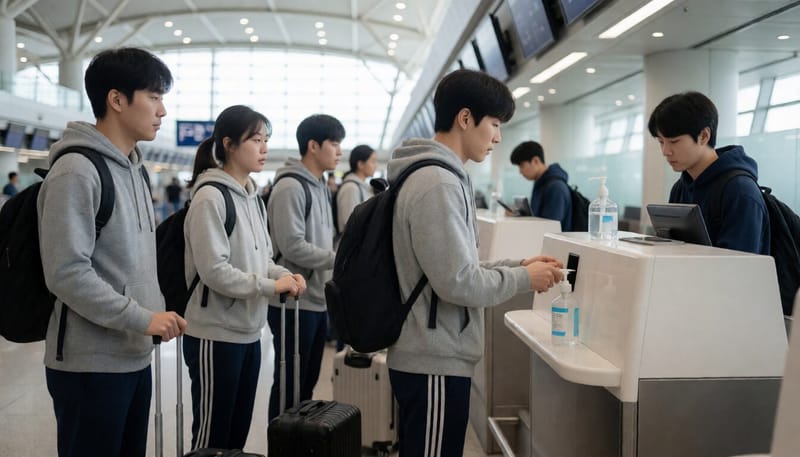 공항 출국장에서 손소독제를 사용하는 여행객의 모습