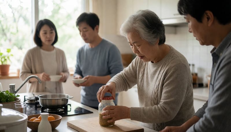노년 여성이 병뚜껑을 열기 힘들어하는 모습