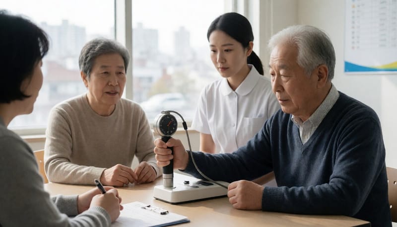 노인이 병원에서 악력계로 손아귀 힘을 측정받는 모습