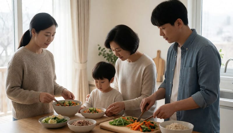 채소와 통곡물로 건강한 식사를 준비하는 가족의 모습