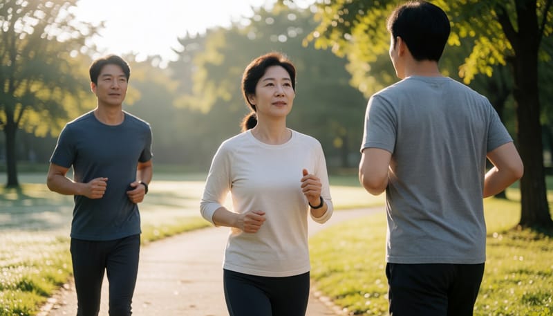 아침에 공원에서 조깅하는 중년 여성의 모습