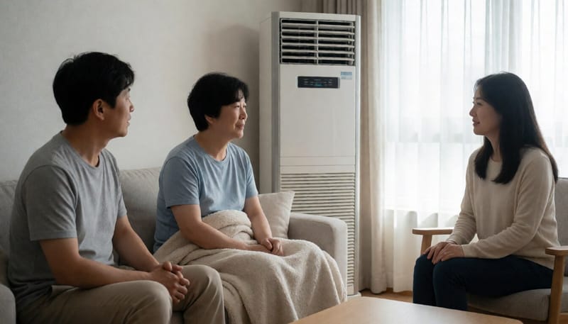냉방기 앞에서 담요를 덮고 오한을 느끼는 모습
