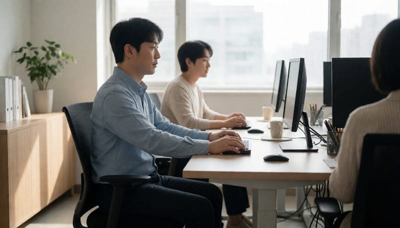 사무실 의자에 앉아 운동하는 남성